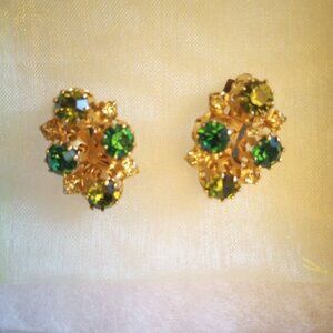Austria vintage gold with emerald green crystals clip on earrings!